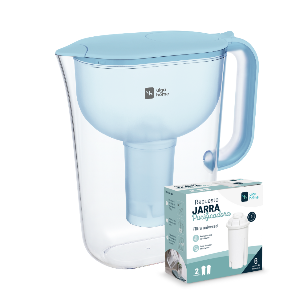 Pack Jarra Purificadora Celeste con caja de 2 filtros de repuesto